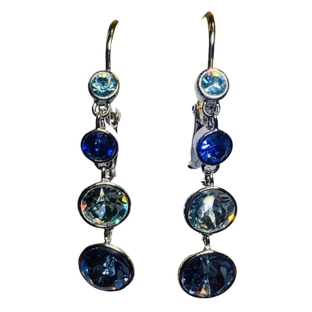 Vintage JCL Blue Cubic Zirconia  Silver Tone Dangle Drop LeaverBack Earrings 2"
